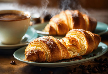 Cup of hot coffee with croissantの素材