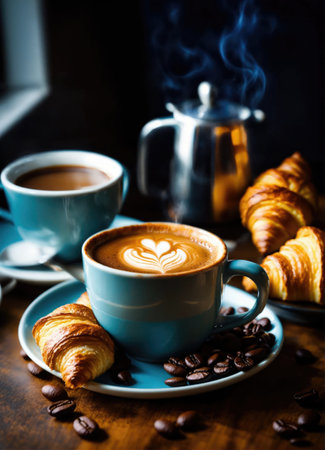 Cup of hot coffee with croissantの素材