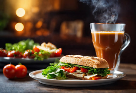 Cup of hot coffee with sandwichの素材