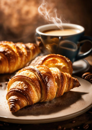 Cup of hot coffee with croissantの素材