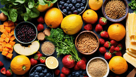 Healthy food clean eating selection: fruits, vegetables, cereals, superfoods.の素材