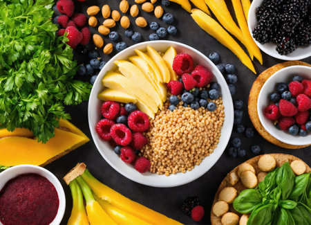 Ingredients for healthy vegetarian smoothie bowl on gray background, top viewの素材