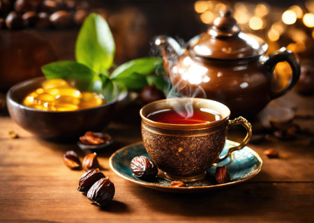 Black tea with dates for Ramadan iftar timeの素材