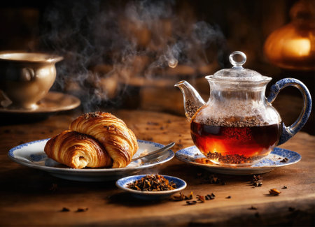 Homemade croissant and cup of tea for breakfastの素材
