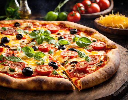 Italian freshly baked pizza on a wooden surfaceの素材