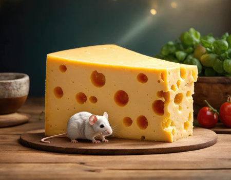 Little mouse and cheese on a wooden tableの素材