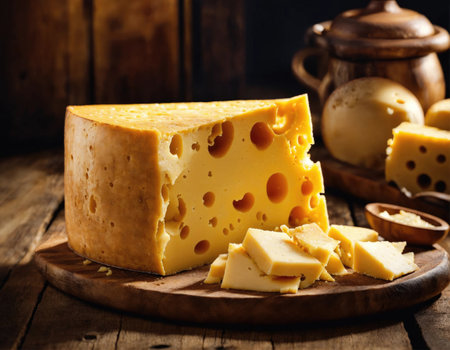 Cheese collection, gouda or gouda cheese made from cow milk with holes from Italy close upの素材