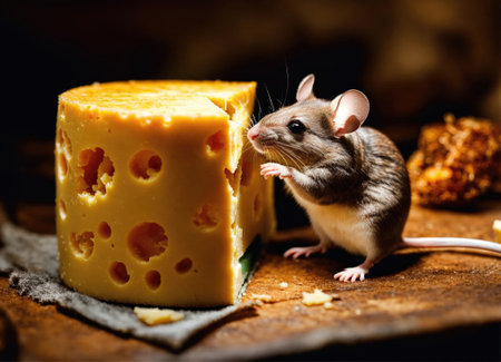 Little mouse and cheese on a wooden tableの素材