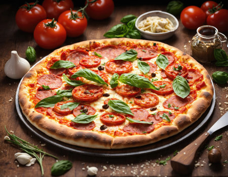 Italian freshly baked pizza on a wooden surfaceの素材
