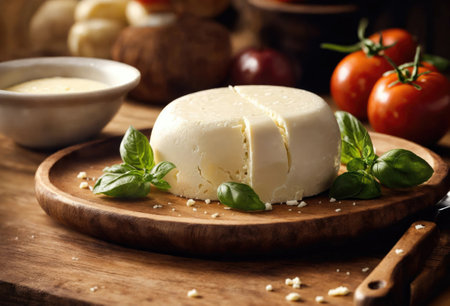Mozzarella cheese on wooden tableの素材