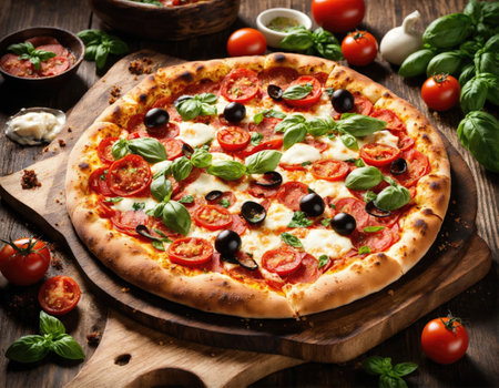 Italian freshly baked pizza on a wooden surfaceの素材