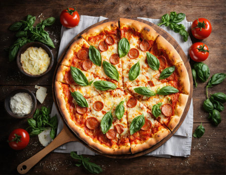 Italian freshly baked pizza on a wooden surfaceの素材