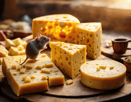 Little mouse and cheese on a wooden tableの素材