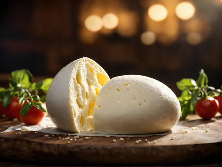 Mozzarella cheese on wooden tableの素材