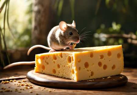 Little mouse and cheese on a wooden tableの素材