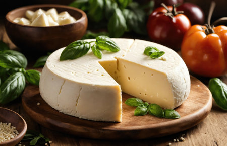 Mozzarella cheese on wooden tableの素材