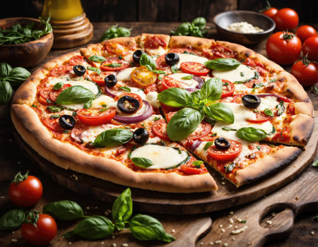 Italian freshly baked pizza on a wooden surfaceの素材