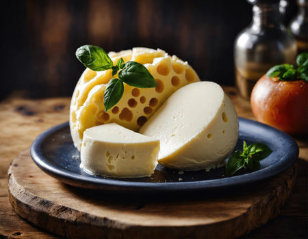 Mozzarella cheese on wooden tableの素材