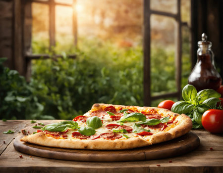 Italian freshly baked pizza on a wooden surfaceの素材