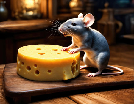 Little mouse and cheese on a wooden tableの素材