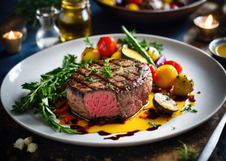 Succulent meat fillet steak with roasted vegetablesの素材