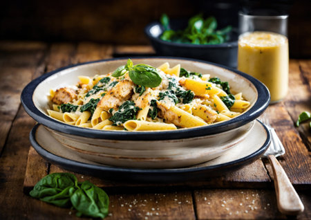 Chicken alfredo parmesan penne pasta with fresh green spinach on rustic wooden tableの素材