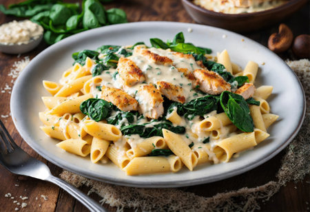 Chicken alfredo parmesan penne pasta with fresh green spinach on rustic wooden tableの素材