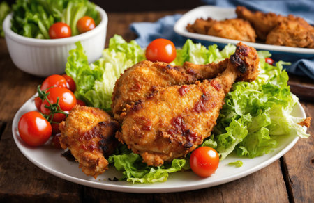 Fried crispy chicken drumstick in batter on plate with cherry tomato tartar sauce and lettuceの素材
