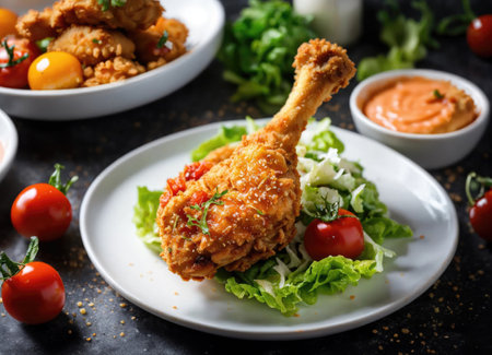 Fried crispy chicken drumstick in batter on plate with cherry tomato tartar sauce and lettuceの素材