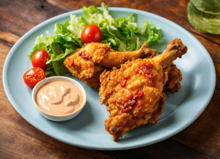 Fried crispy chicken drumstick in batter on plate with cherry tomato tartar sauce and lettuceの素材