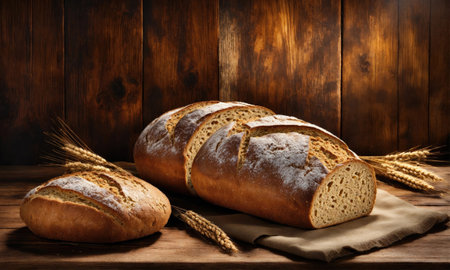 Rye bread on wooden tableの素材