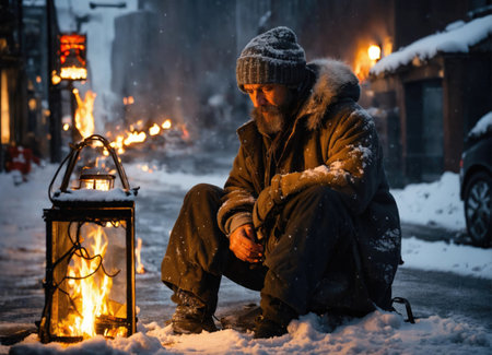 A homeless man warms himself by a fire on the street in a winter snowy cityの素材