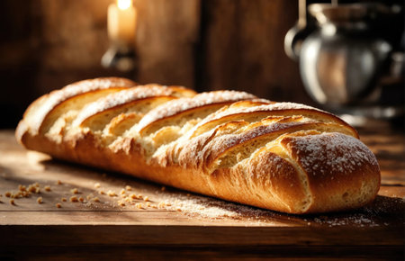 French crispy baguette on a wooden surfaceの素材