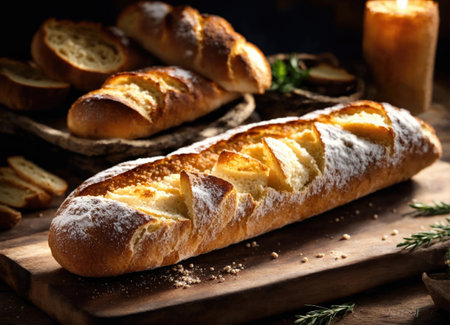 French crispy baguette on a wooden surfaceの素材