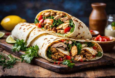 Chicken shawarma in lavash on a wooden tableの素材