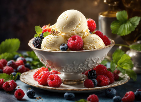 Creamy ice cream with berries in a vaseの素材