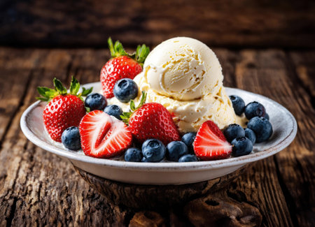 Creamy ice cream with berries in a vaseの素材