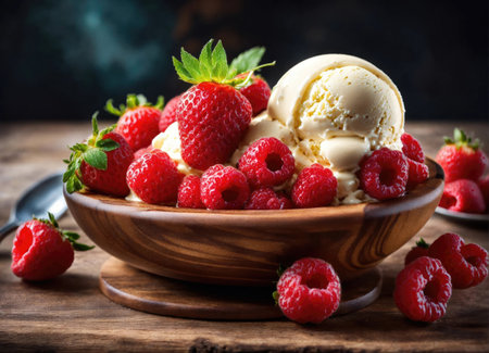 Creamy ice cream with berries in a vaseの素材