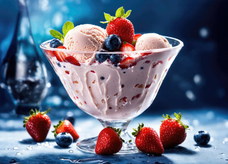 Creamy ice cream with berries in a vaseの素材