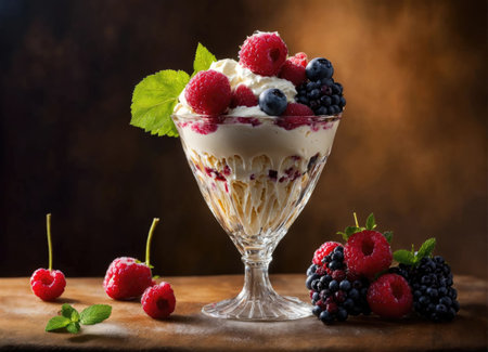 Creamy ice cream with berries in a vaseの素材