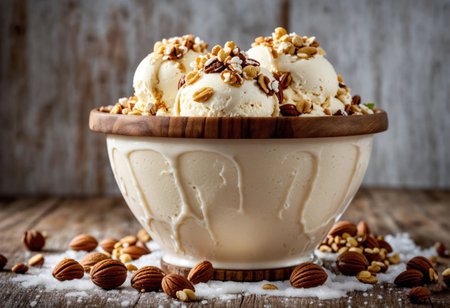 Creamy ice cream with chocolate pieces and nuts in a vase on a wooden surfaceの素材