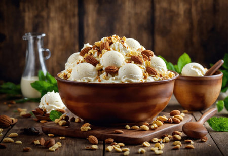 Creamy ice cream with chocolate pieces and nuts in a vase on a wooden surfaceの素材