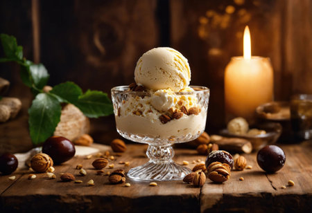 Creamy ice cream with chocolate pieces and nuts in a vase on a wooden surfaceの素材