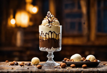Creamy ice cream with chocolate pieces and nuts in a vase on a wooden surfaceの素材