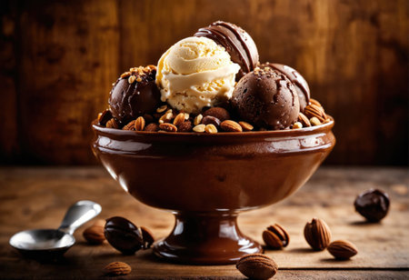 Creamy ice cream with chocolate pieces and nuts in a vase on a wooden surfaceの素材