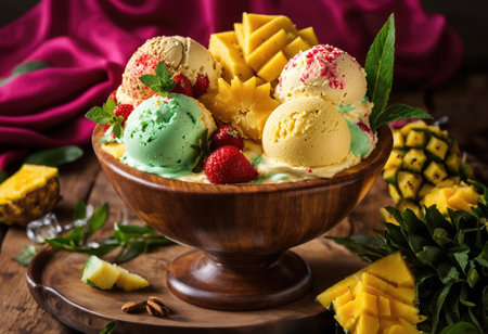 Creamy ice cream with pieces of tropical fruits in a vase on a wooden surfaceの素材