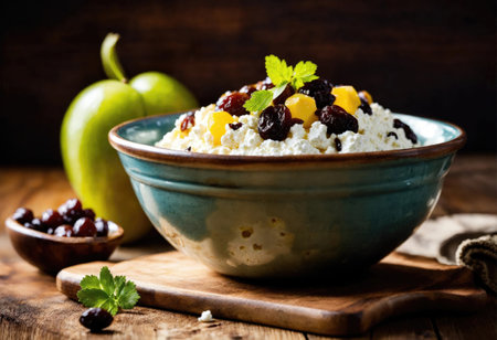 Country cottage cheese with raisins in a bowlの素材