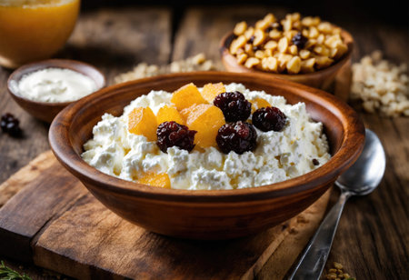 Country cottage cheese with raisins in a bowlの素材