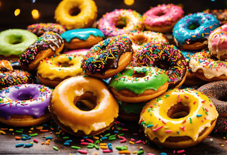 Multicolored donuts with sprinkles on wooden backgroundの素材
