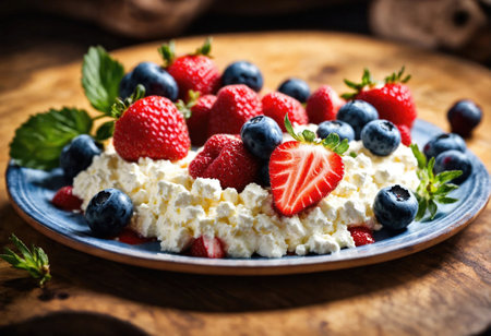 Rustic grainy cottage cheese with berries in a bowlの素材